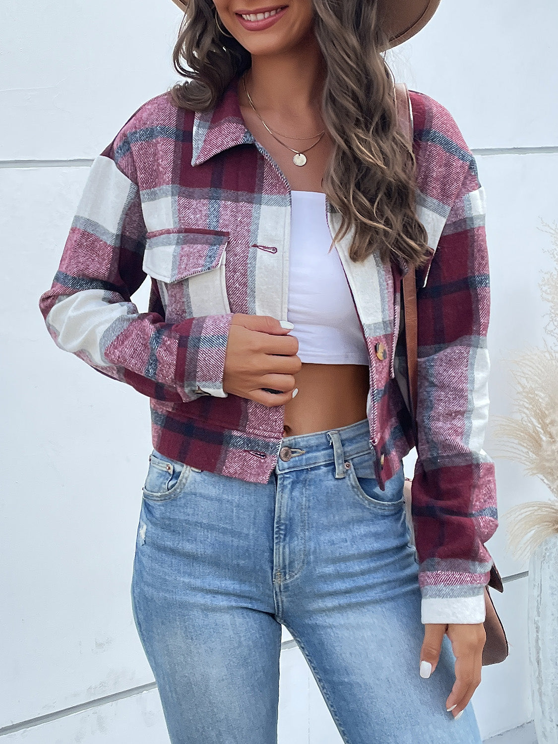 Perfee Plaid Button Up Drop Shoulder Cropped Jacket