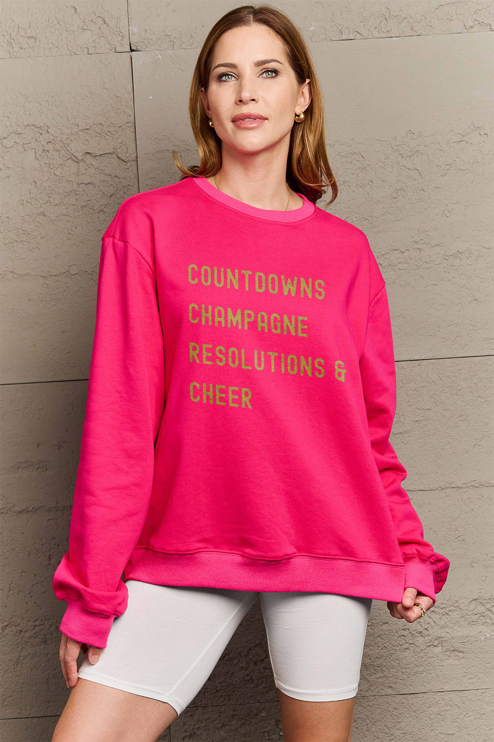 Simply Love Full Size COUNTDOWNS CHAMPAGNE RESOLUTIONS & CHEER Round Neck Sweatshirt