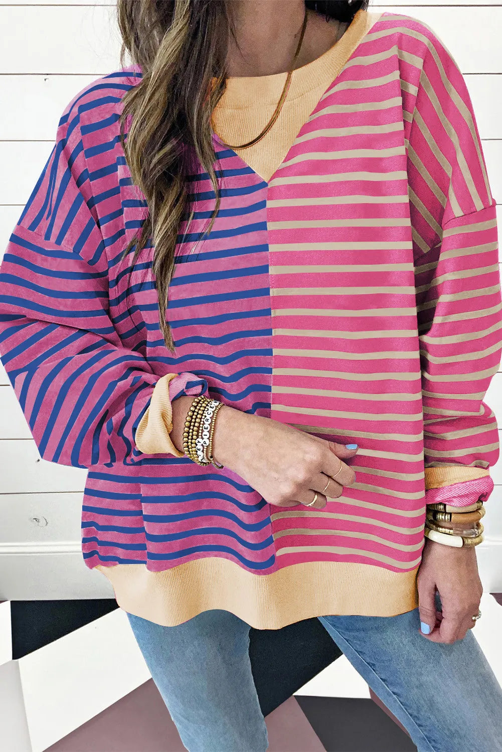 Contrast Stripes Round Neck Long Sleeve Sweatshirt