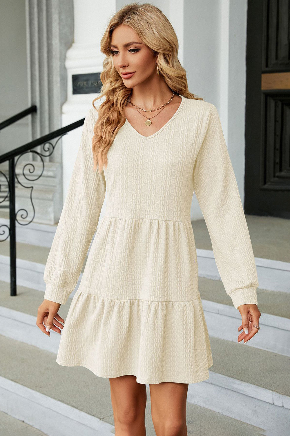 V-Neck Long Sleeve Mini Dress