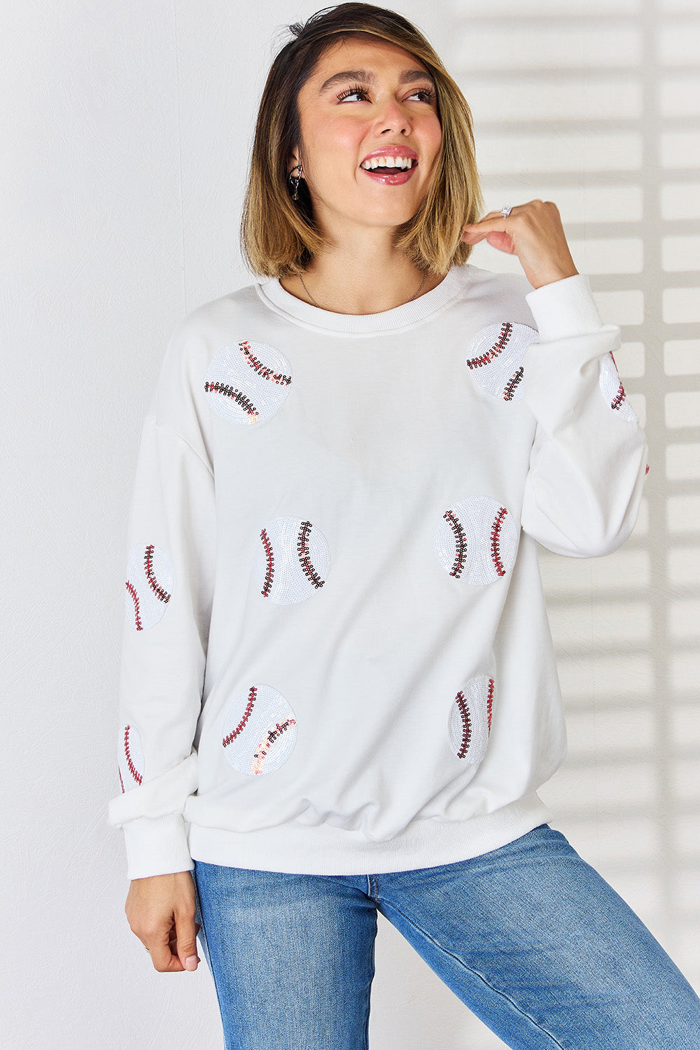 Sequin Baseball Round Neck Dropped Shoulder Sweatshirt