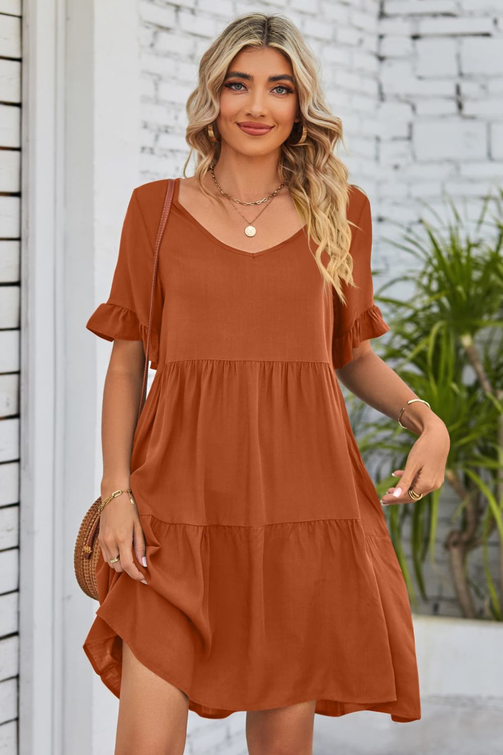 Mandy V-Neck Flounce Sleeve Tiered Dress