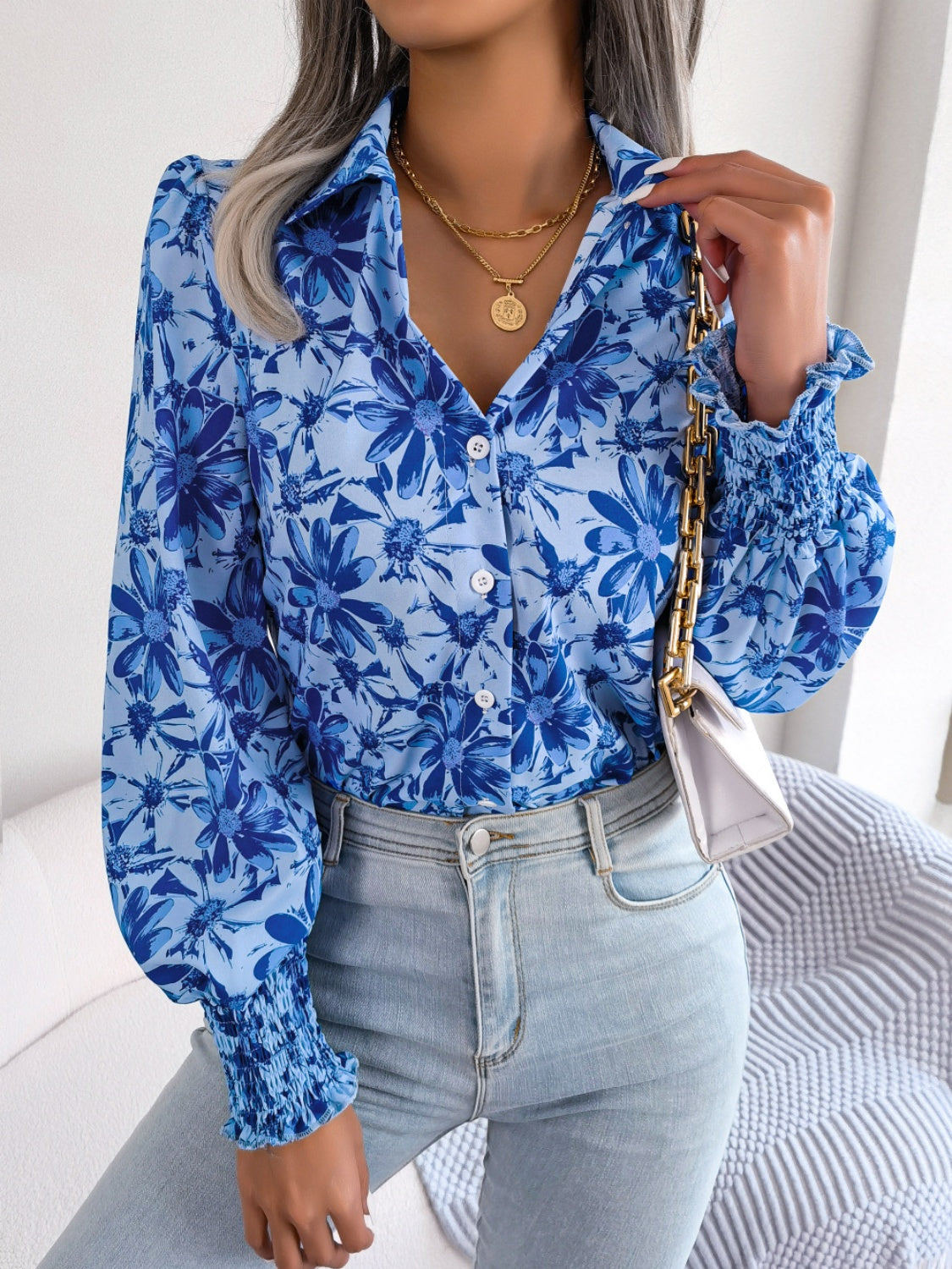 Floral Collared Neck Long Sleeve Shirt