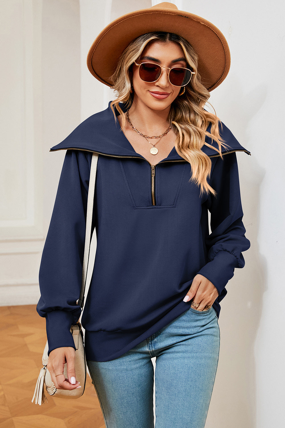 Half Zip Lantern Sleeve Sweatshirt