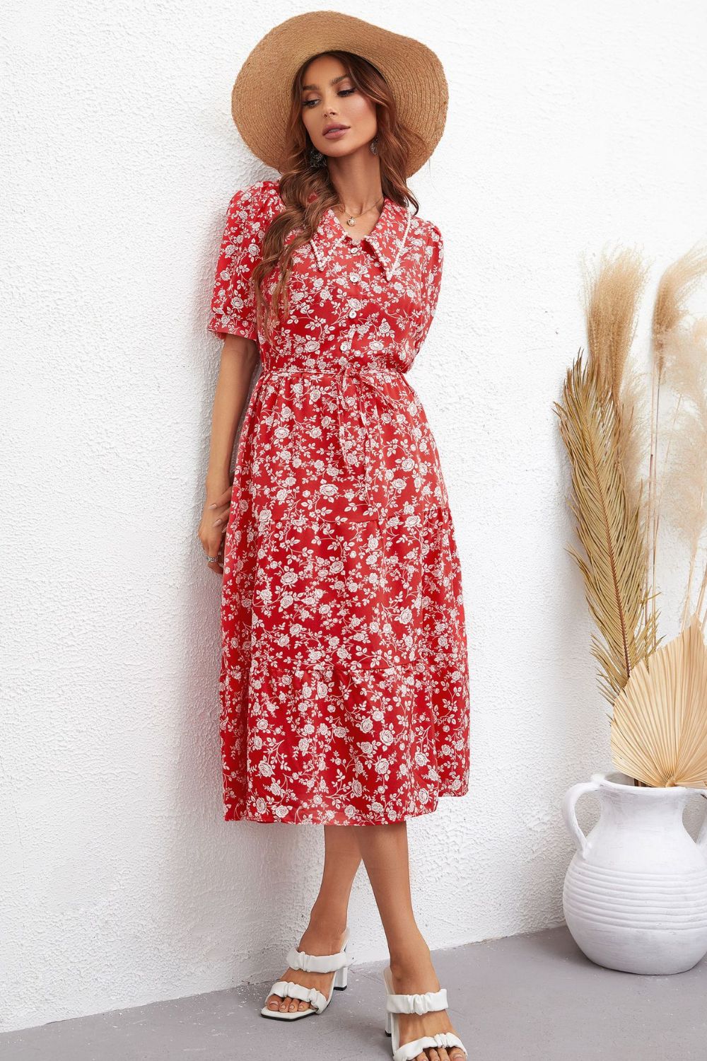 Honey Floral Tie Waist Puff Sleeve Midi Dress