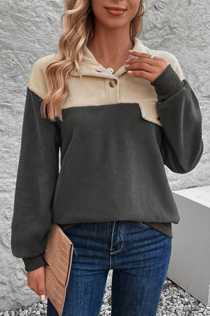 Perfee Color Block Quarter Button Dropped Shoulder Sweatshirt