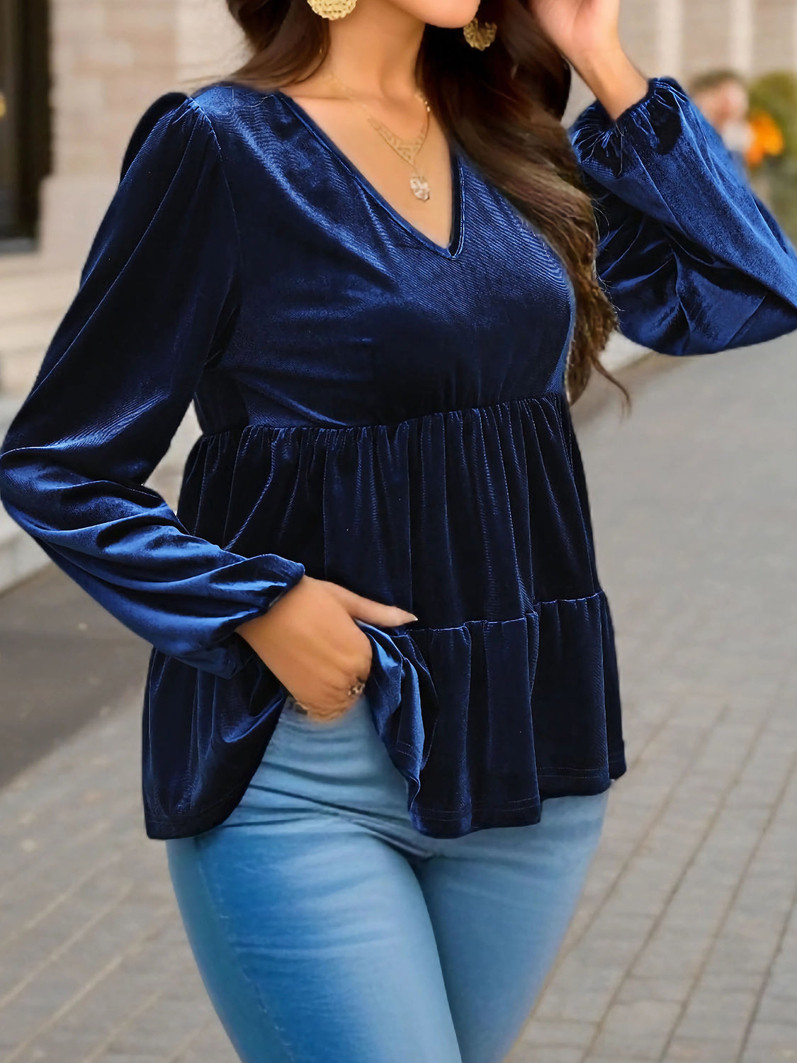 Perfee V-Neck Balloon Sleeve Peplum Blouse