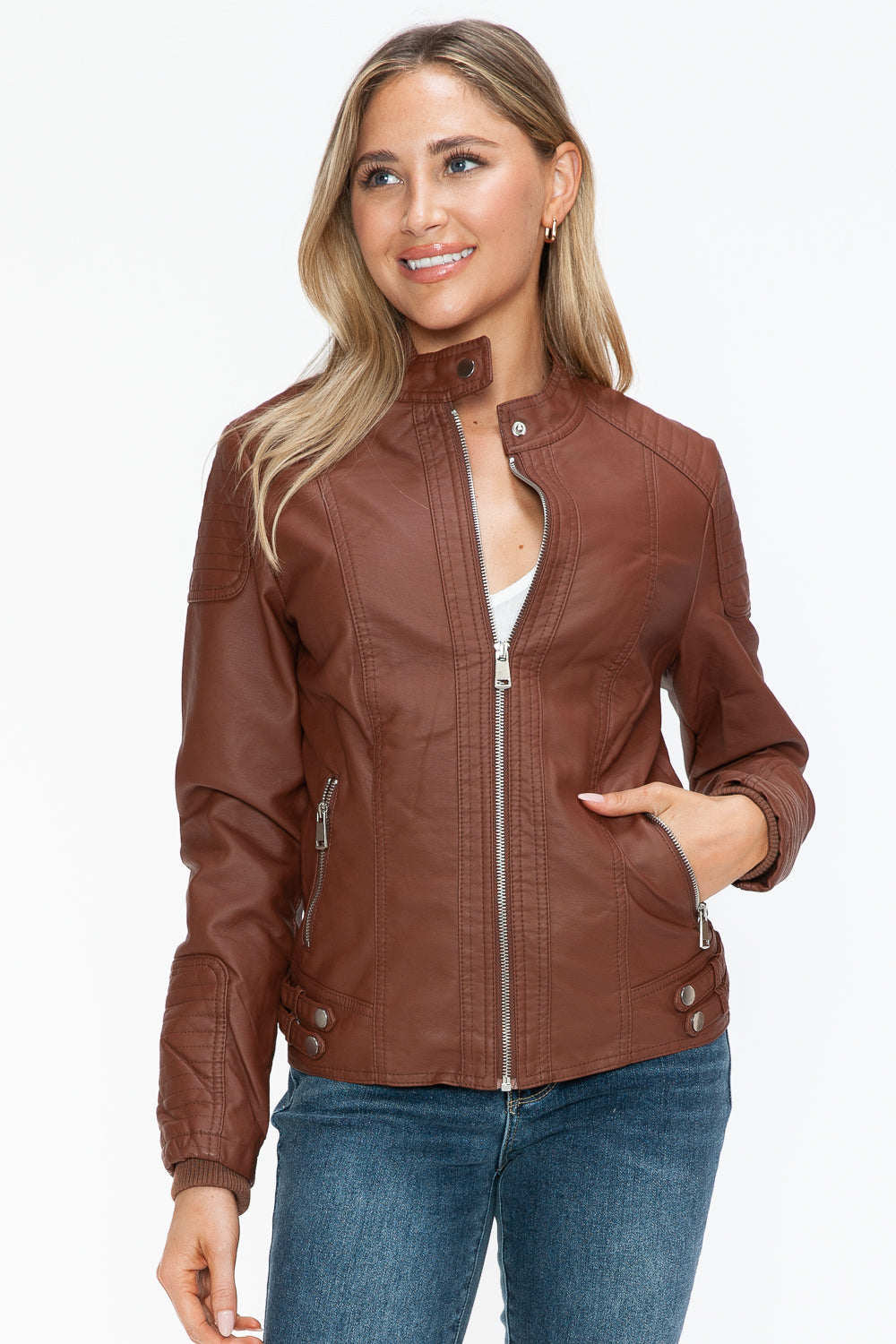 Snobbish Faux Leather Biker Jacket with Side Zip Pockets