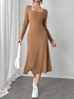 Square Neck Long Sleeve Midi Wrap Dress