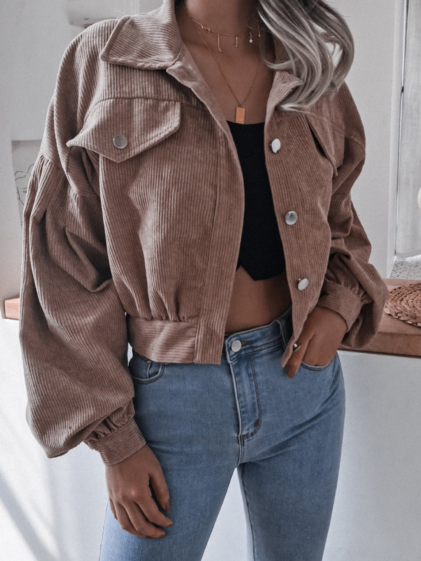 Lantern Sleeve Cropped Corduroy Jacket