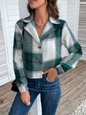 Perfee Plaid Collared Neck Button Up Long Sleeve Jacket