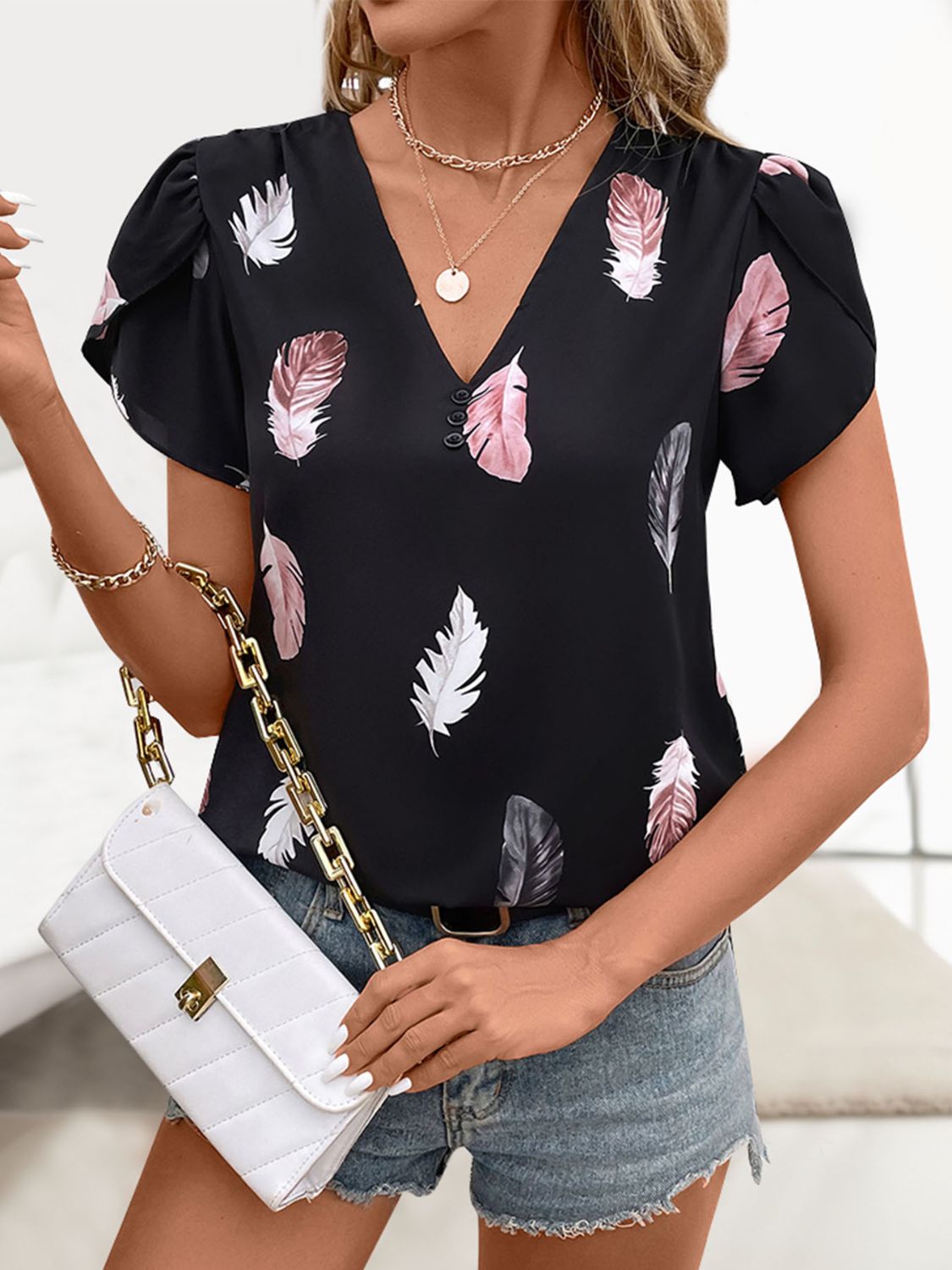 Perfee Printed V-Neck Short Sleeve Blouse