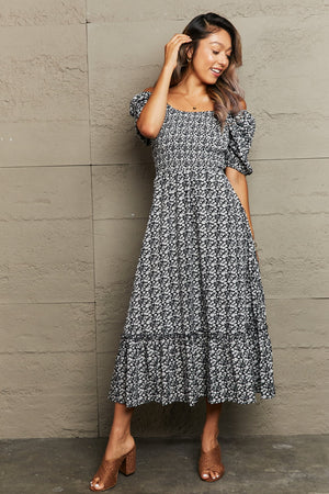 Perfee Floral Lace-Up Off-Shoulder Midi Dress