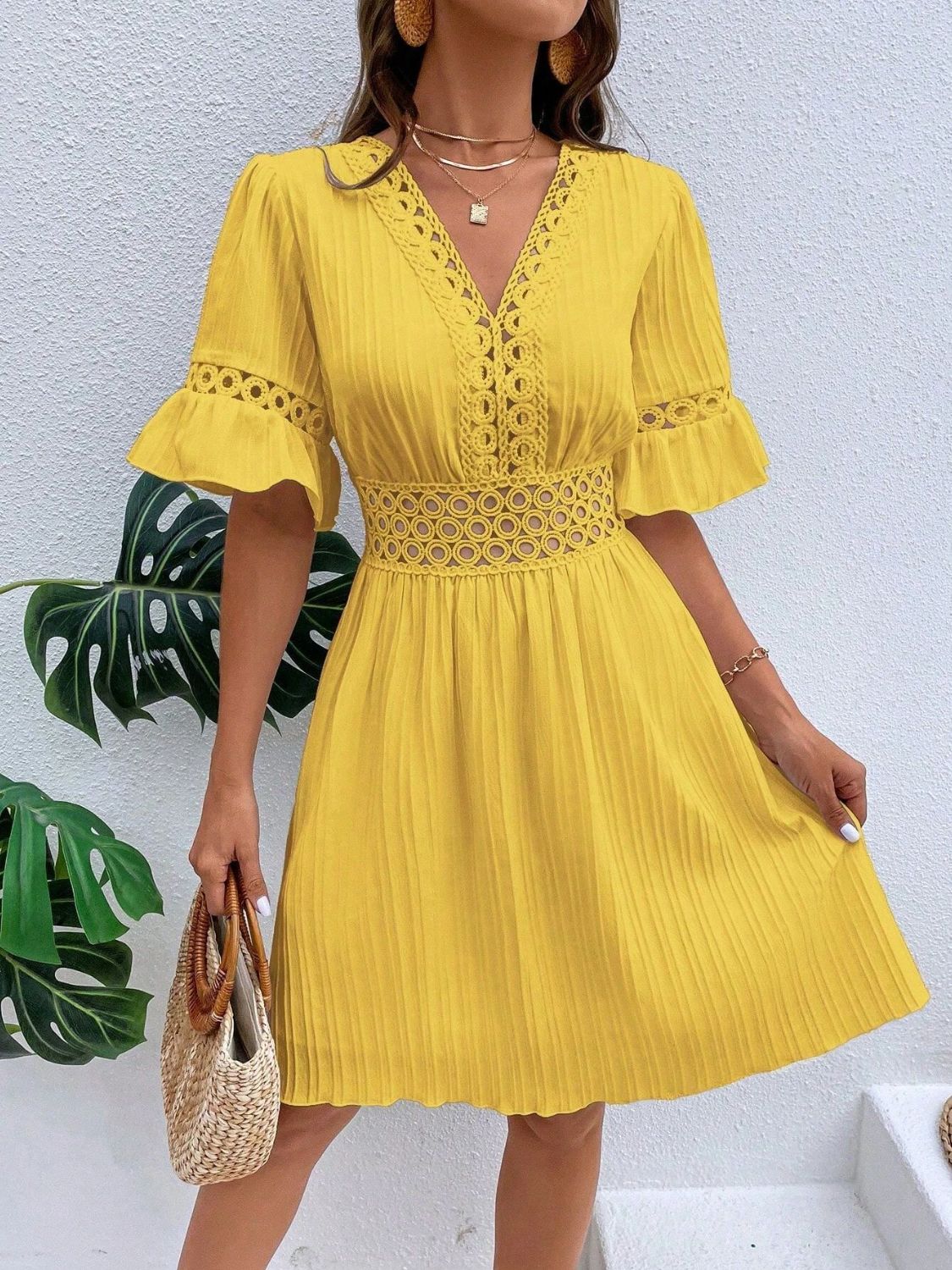 Cutout V-Neck Flounce Sleeve Mini Dress