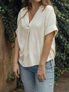 Perfee Johnny Collar Half Sleeve Blouse