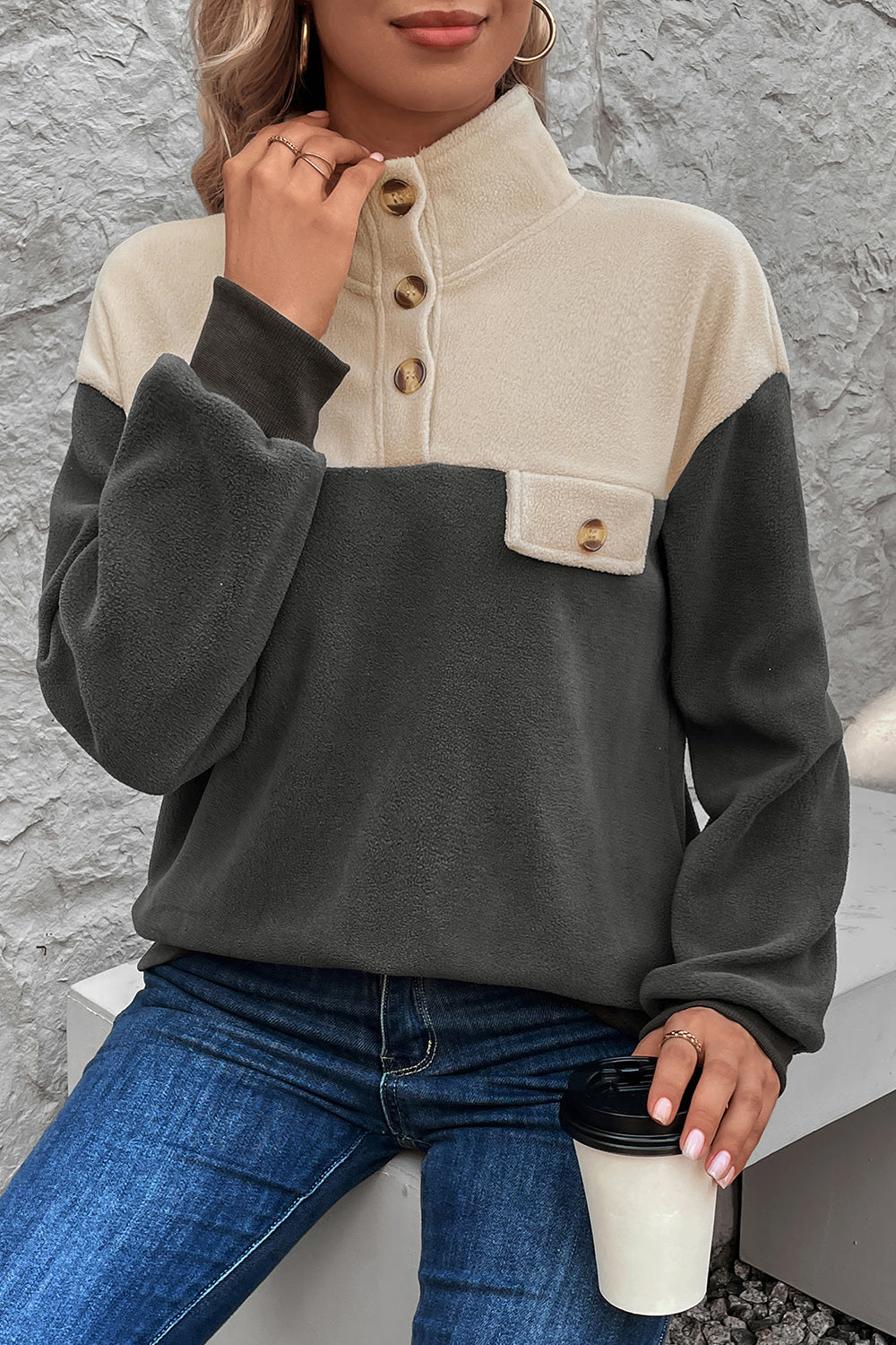 Perfee Color Block Quarter Button Dropped Shoulder Sweatshirt