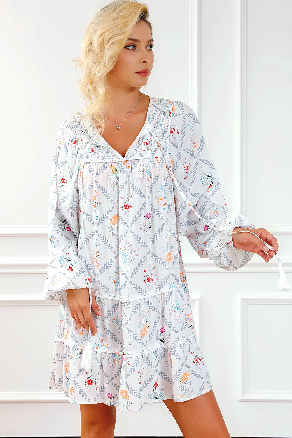 Printed Tie Neck Balloon Sleeve Tiered Dress