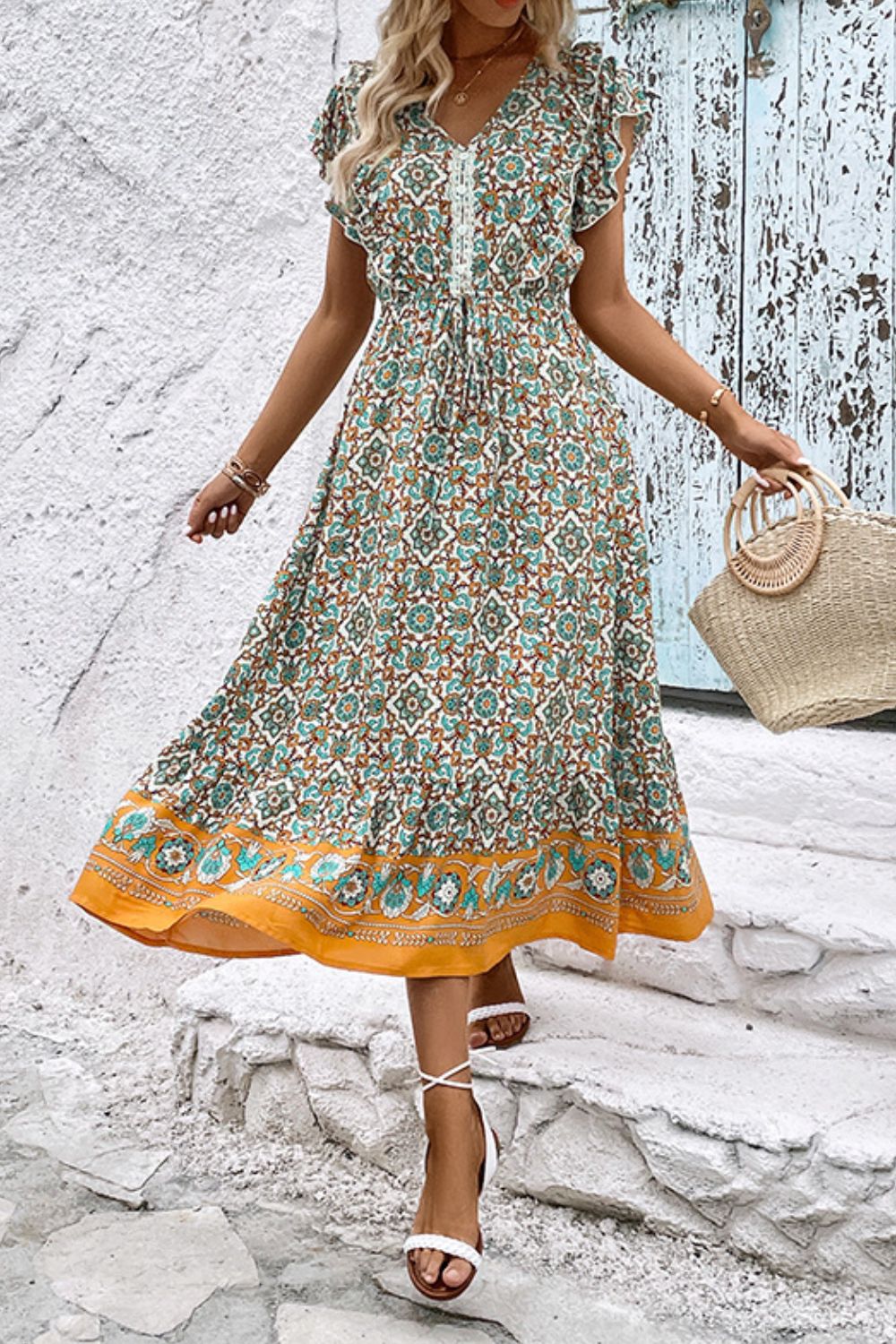 Perfee Bohemian V-Neck Flutter Sleeve Dress