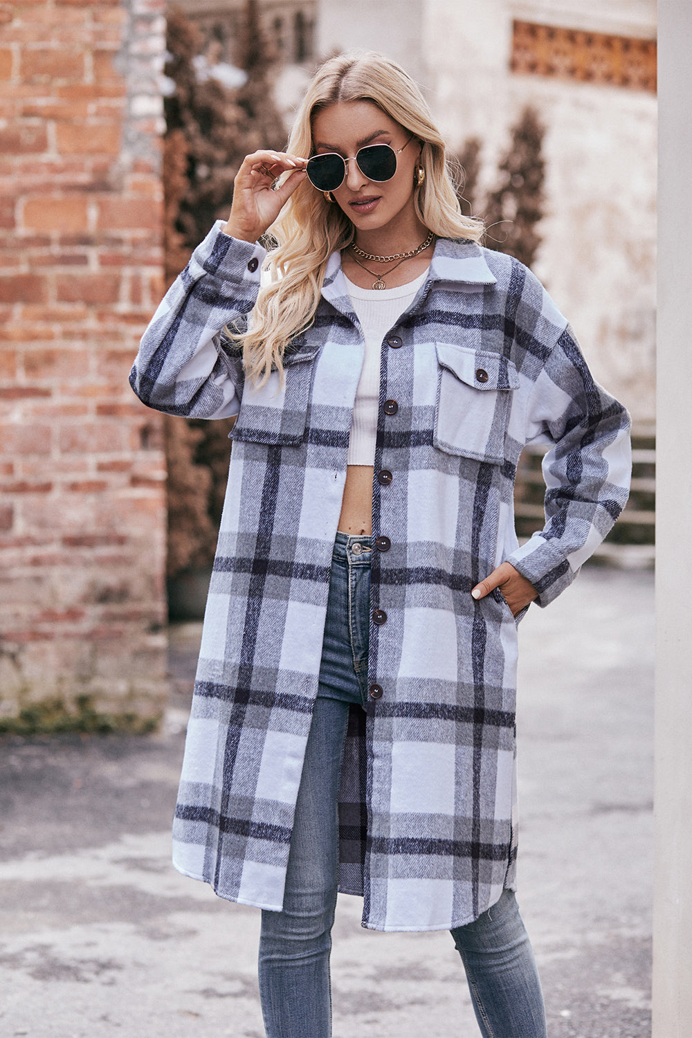 Mandy Plaid Dropped Shoulder Longline Jacket