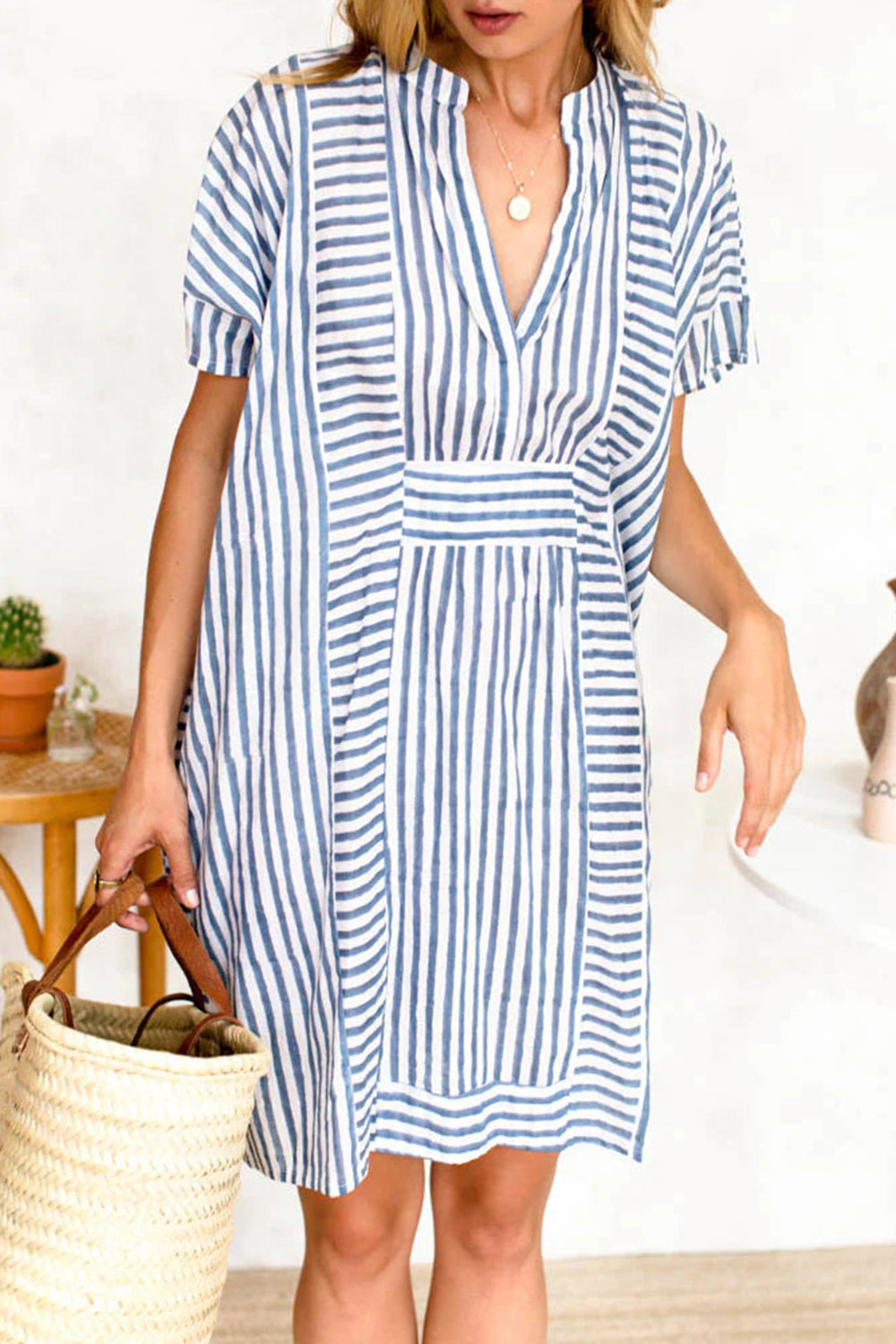 MeiMei Striped Notched Short Sleeve Mini Dress