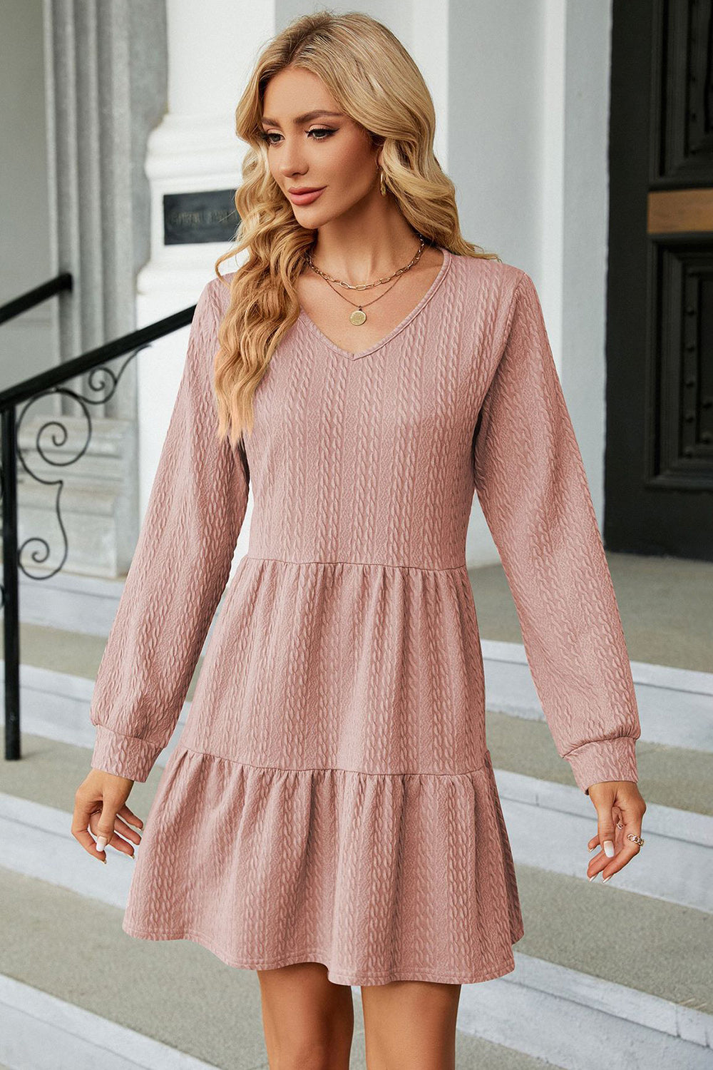 V-Neck Long Sleeve Mini Dress