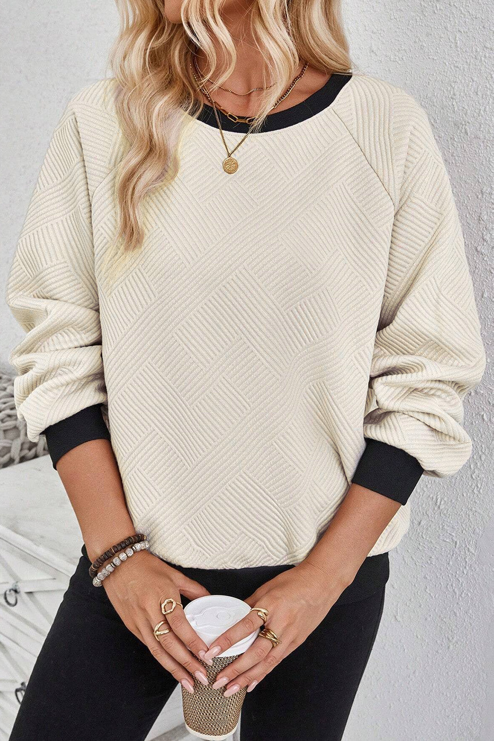 Texture Contrast Long Sleeve Sweatshirt