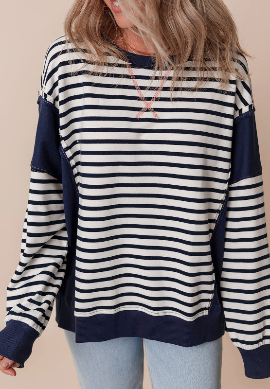 Exposed Seam Striped Long Sleeve Sweatshirt