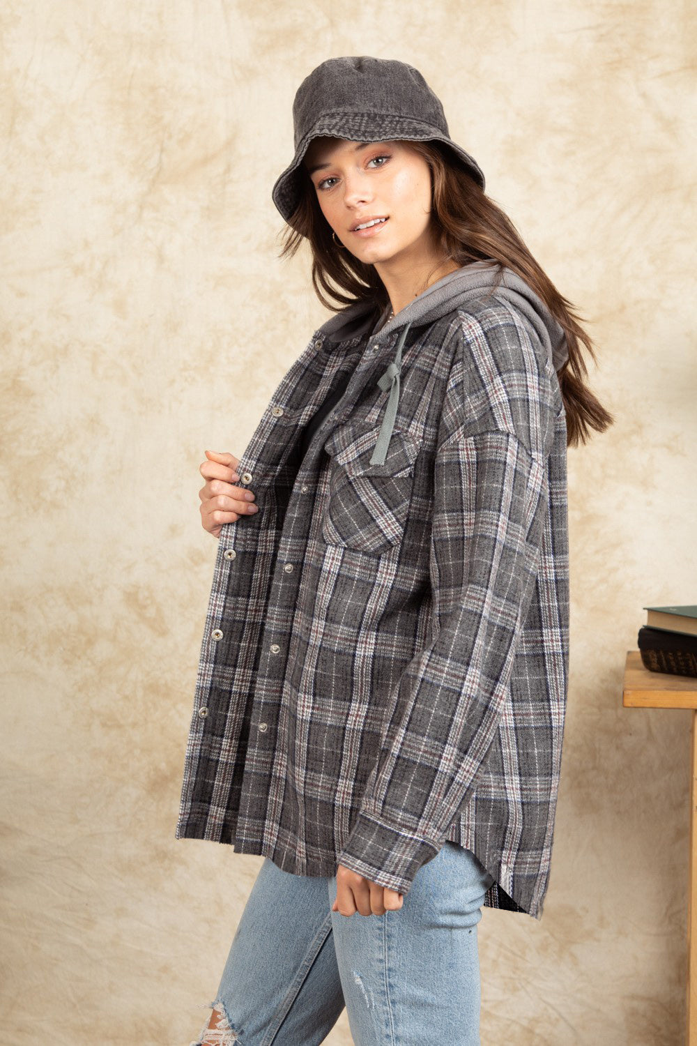 Drawstring Plaid Long Sleeve Hooded Jacket