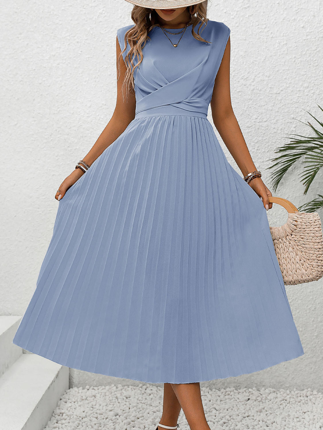 Perfee Pleated Round Neck Cap Sleeve Dress