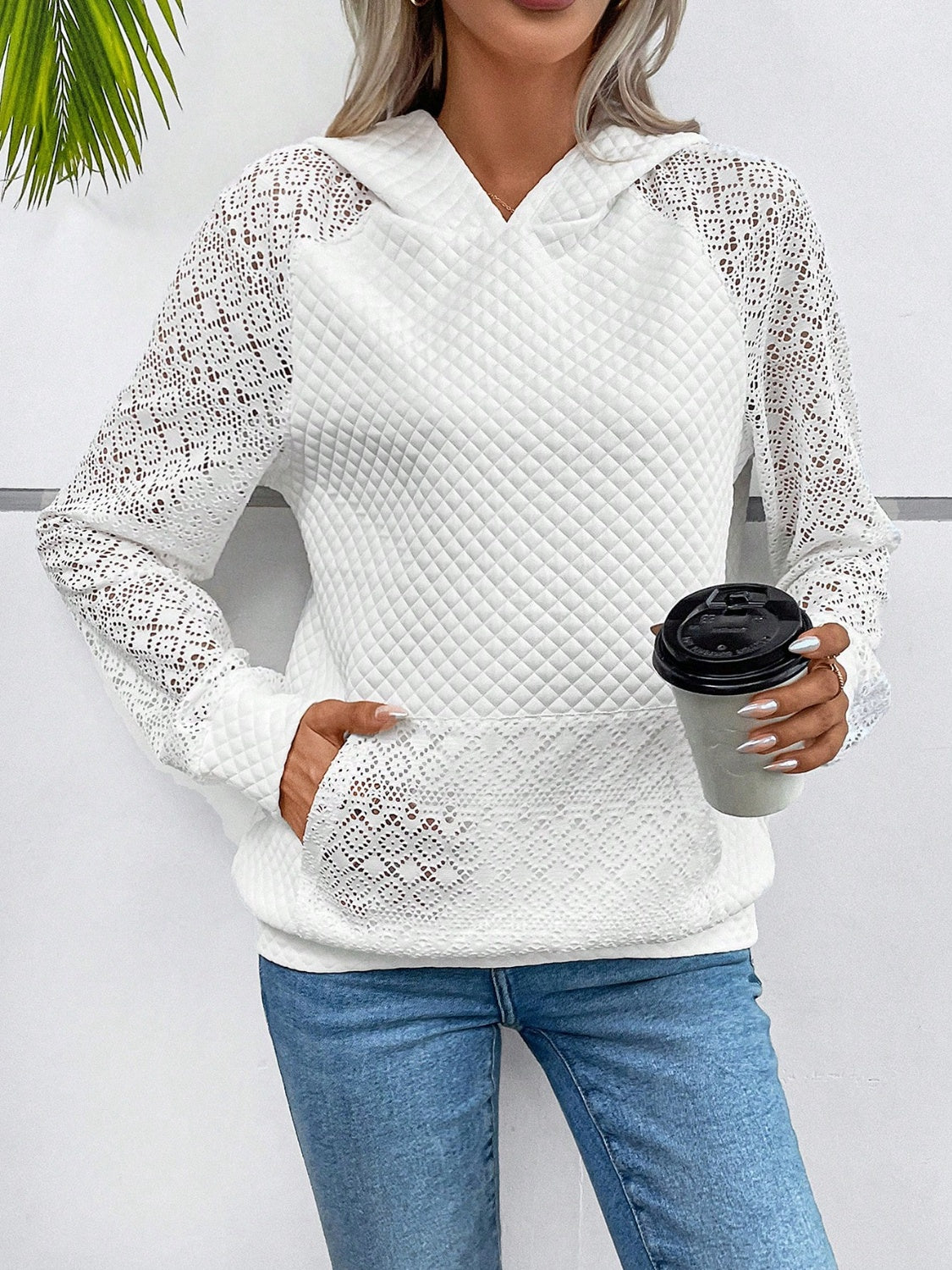 Lace Openwork Kangaroo Pocket Hoodie