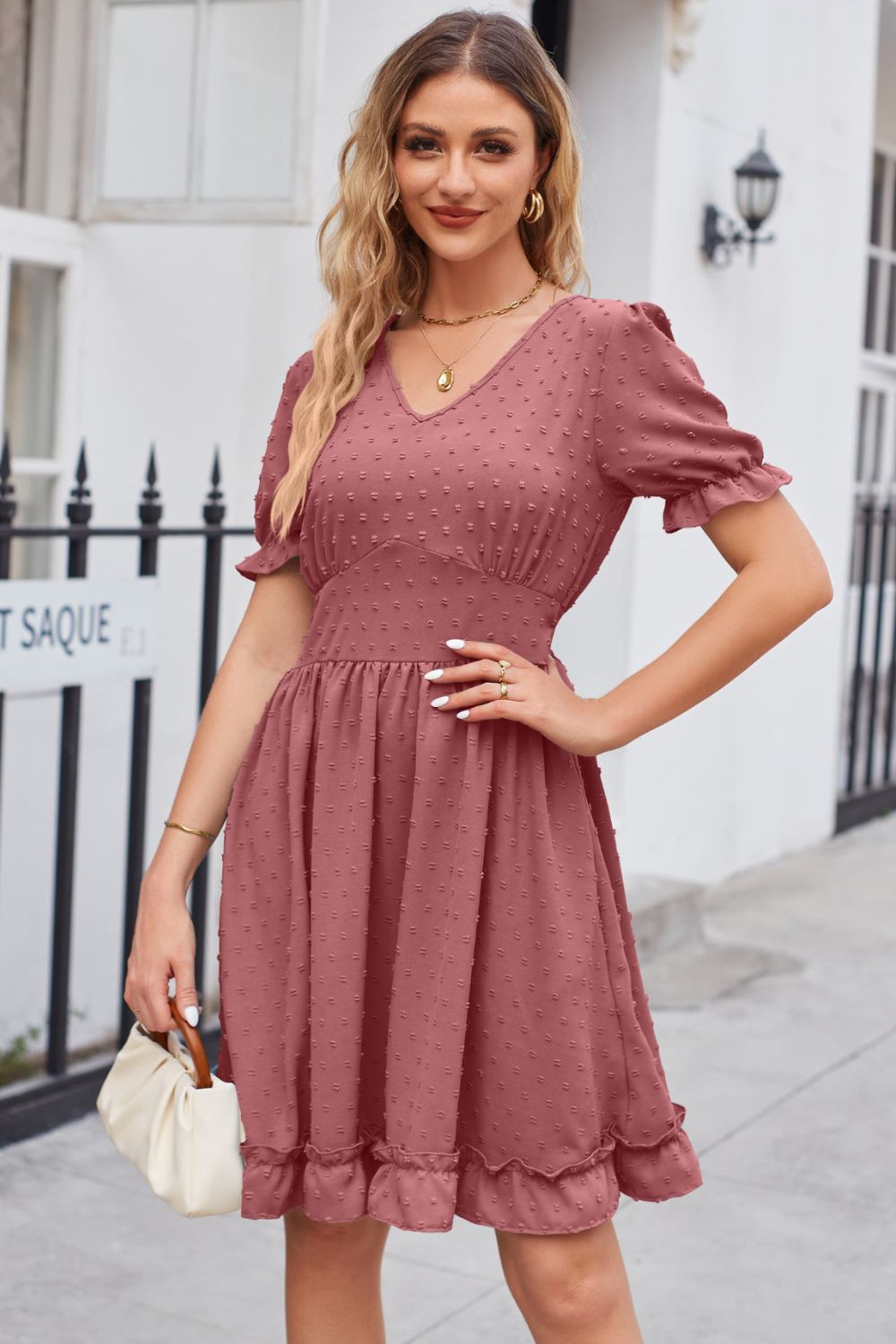 Swiss Dot Frill Trim Flounce Sleeve V-Neck Dress