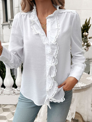 Devine Lace Detail Ruffled Round Neck Long Sleeve Shirt