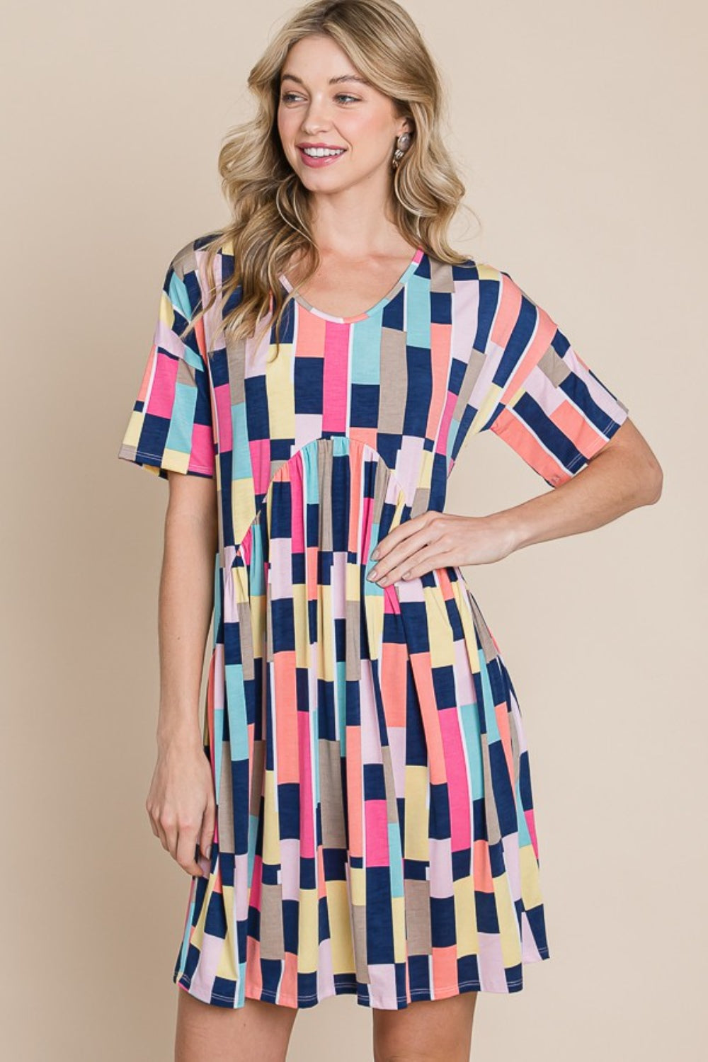 BOMBOM Ruched Color Block Short Sleeve Mini Dress