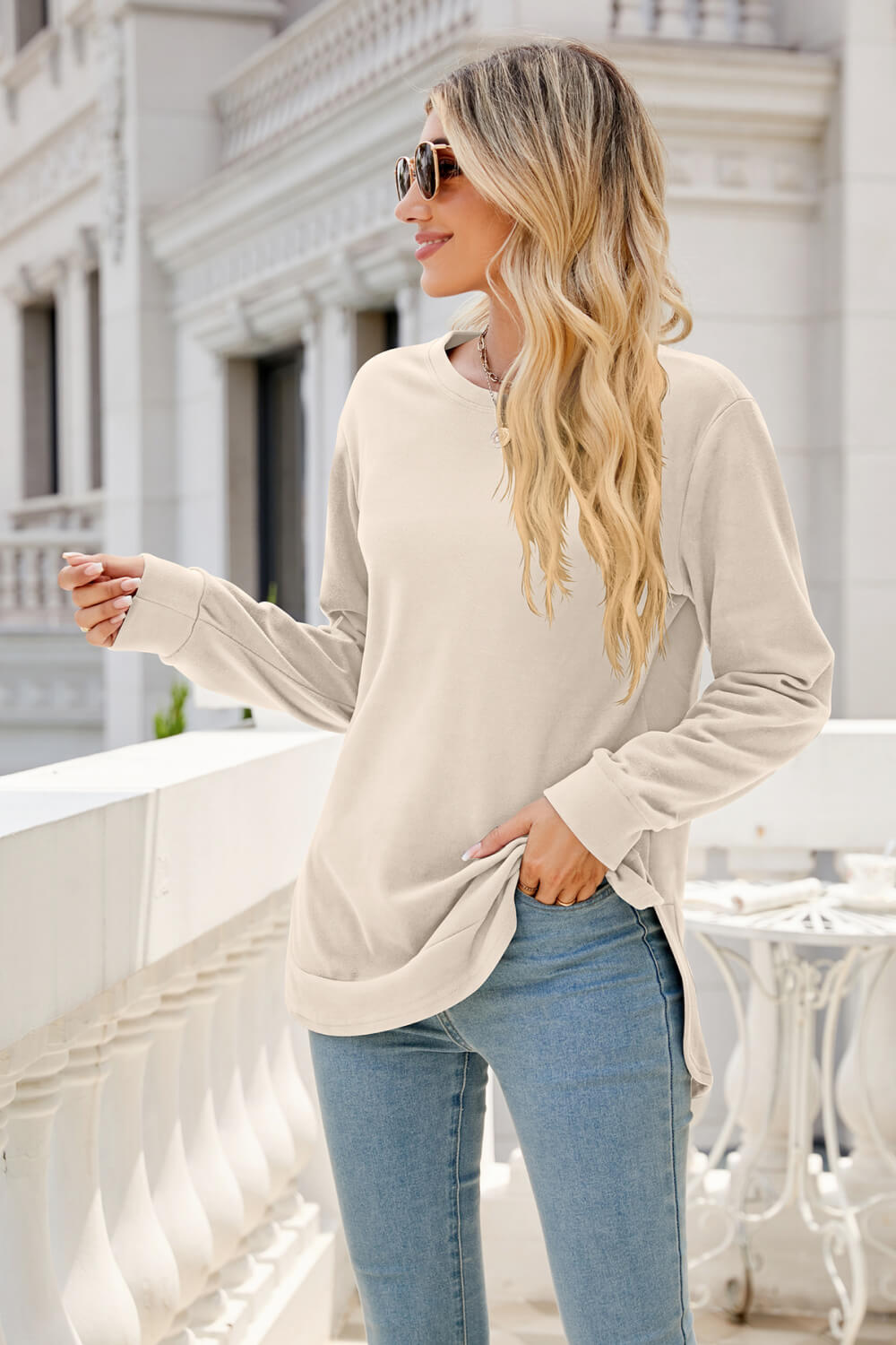 Round Neck Slit Tunic Top