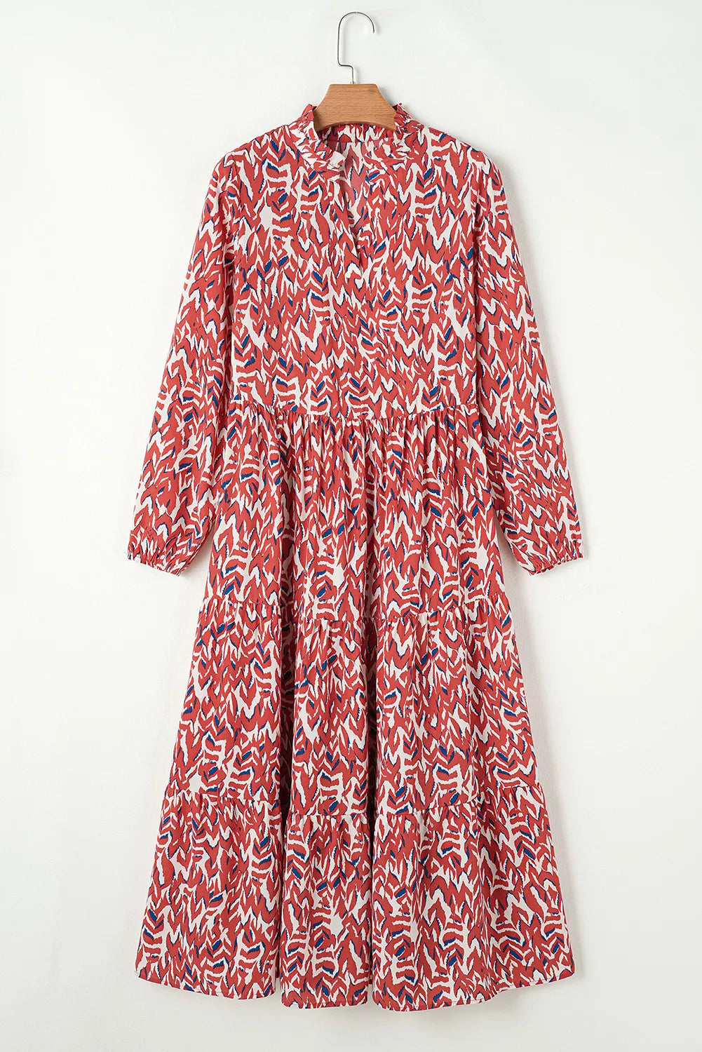 Printed Notched Long Sleeve Dress