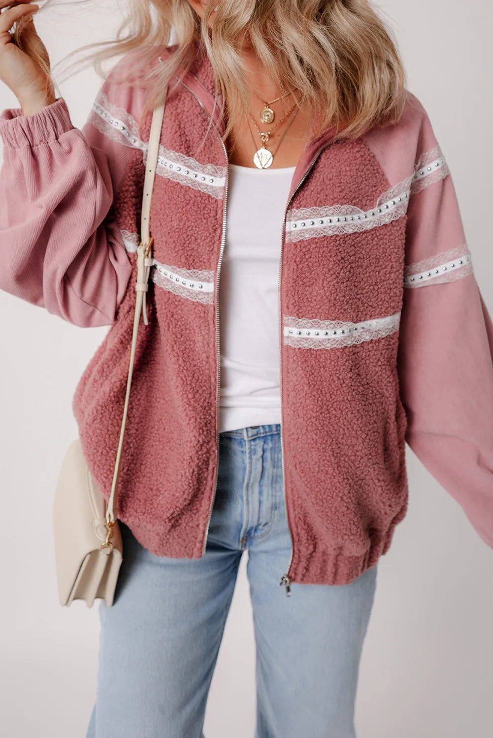 Fuzzy Lace Detail Zip Up Long Sleeve Jacket