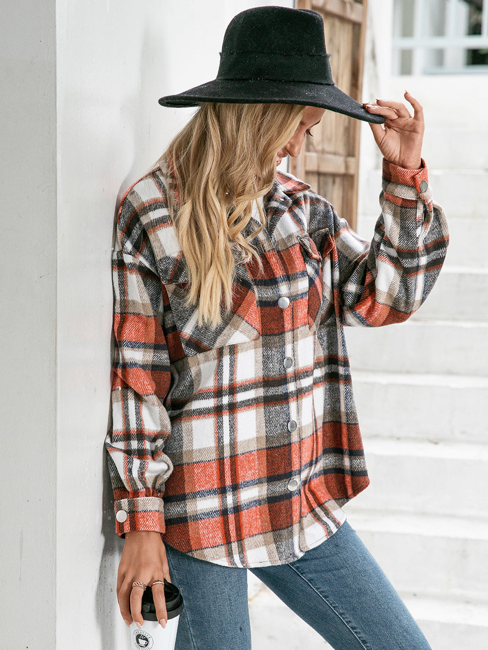 Ivy Lane Meet You Outside Plaid Button Down Curved Hem Shacket