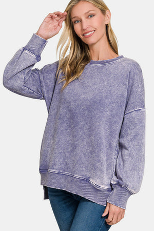 Zenana High-Low Acid Wash Fleece Sweatshirt