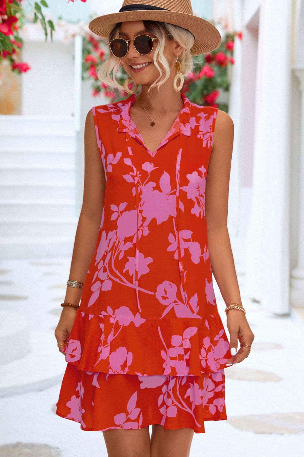 Floral Tie Neck Sleeveless Layered Dress