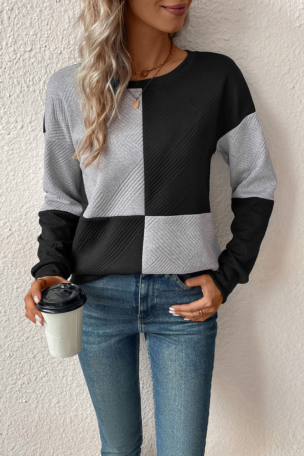 Perfee Textured Color Block Round Neck Sweatshirt