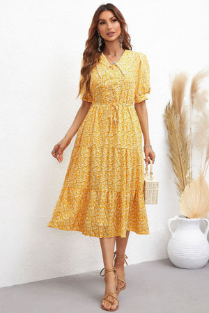 Honey Floral Tie Waist Collared Neck Tiered Dress