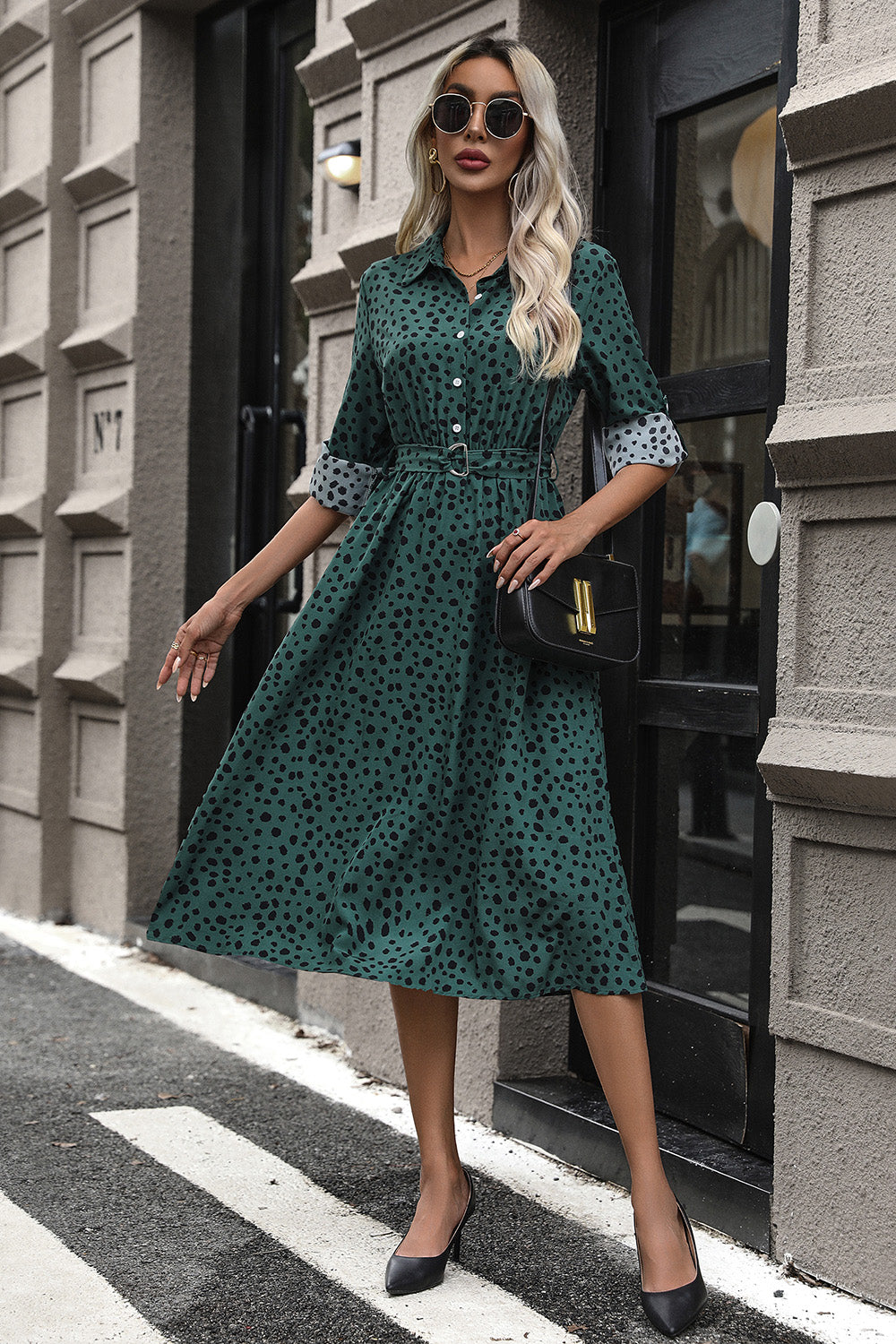 Perfee Printed Belted Long Sleeve Midi Dress