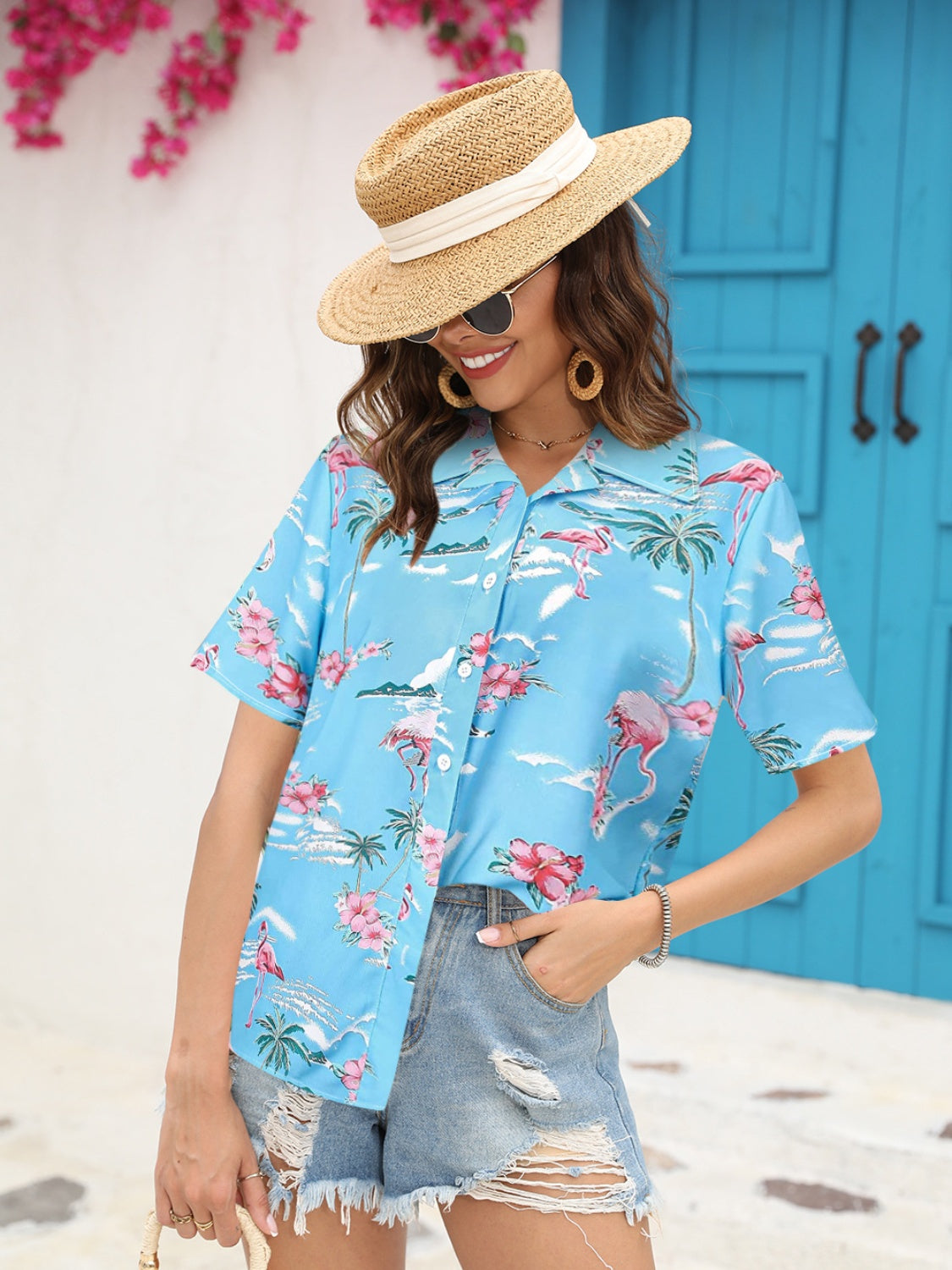 Printed Collared Neck Short Sleeve Shirt