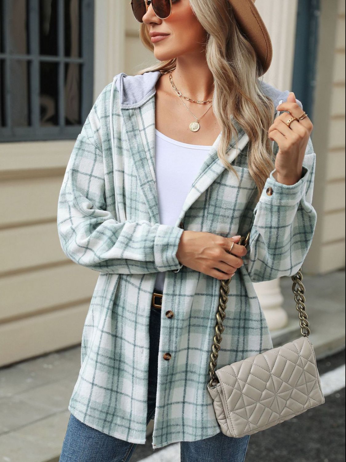 Drawstring Plaid Button Up Hooded Jacket