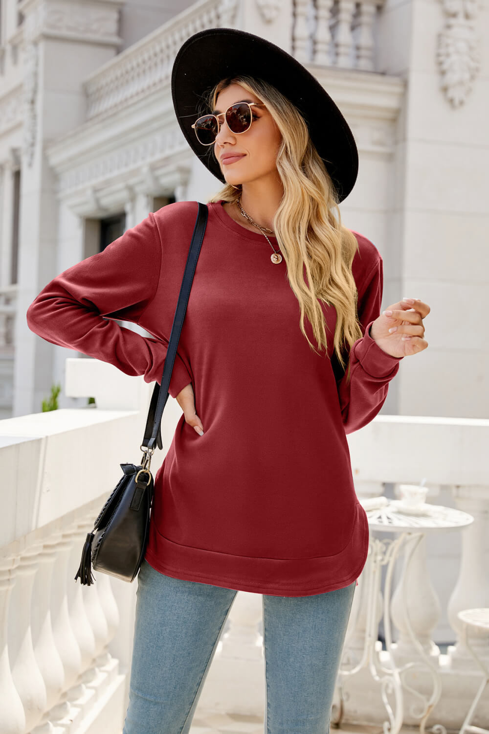 Round Neck Slit Tunic Top