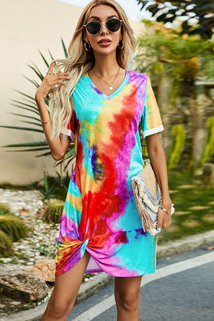 Shiny Twisted V-Neck Short Sleeve Dress