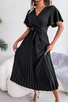 Pleated Flutter Sleeve Belted Dress