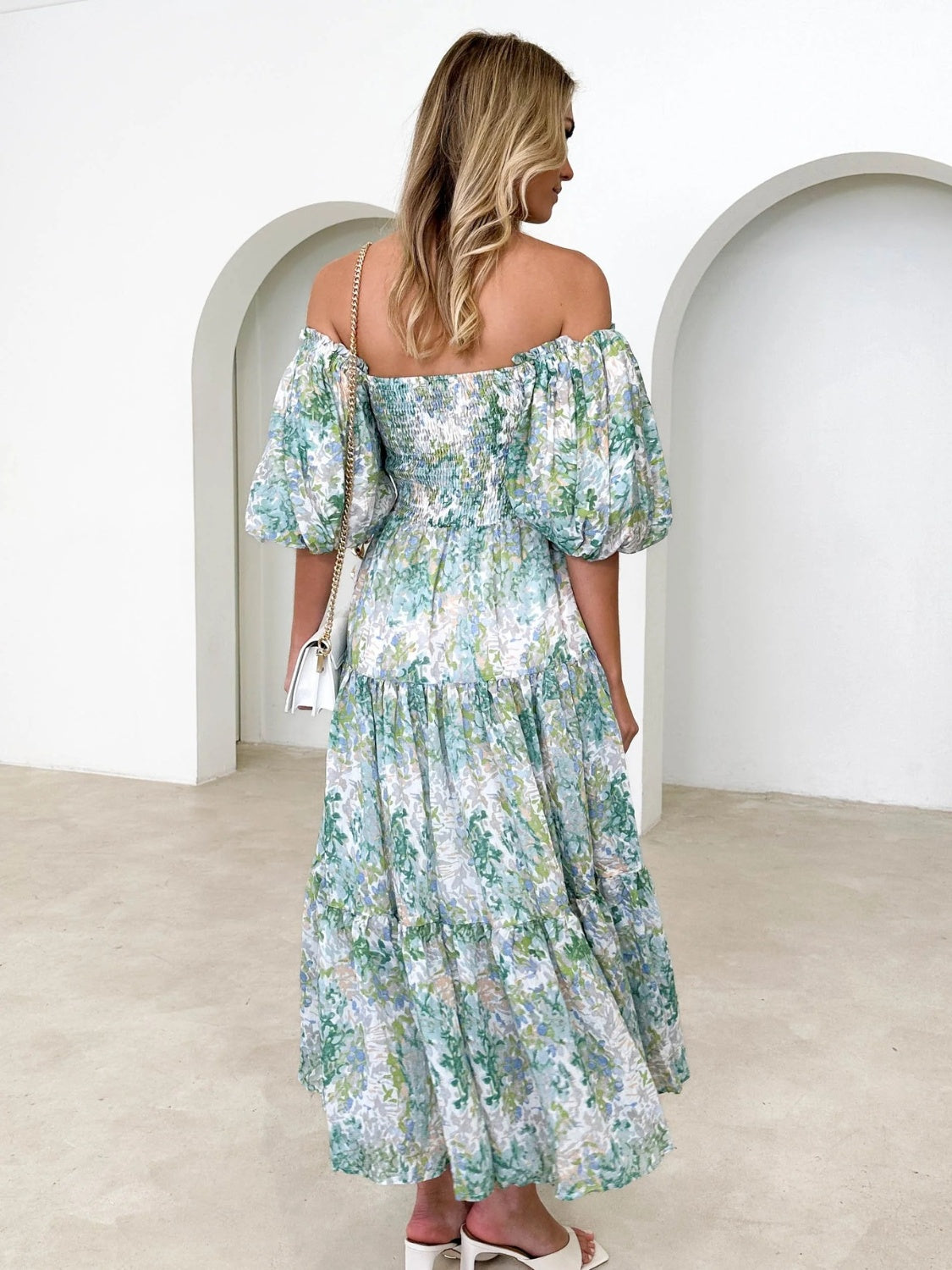 Printed Smocked Off-Shoulder Tiered Dress