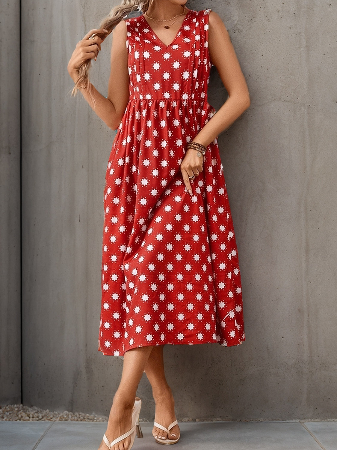 Perfee Printed V-Neck Sleeveless Midi Dress