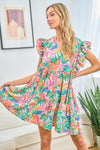 First Love Ruffled Printed Notched Cap Sleeve Dress